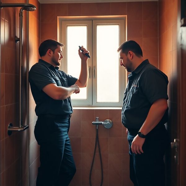 Dos técnicos instalando fontanería en un baño moderno de Bilbao