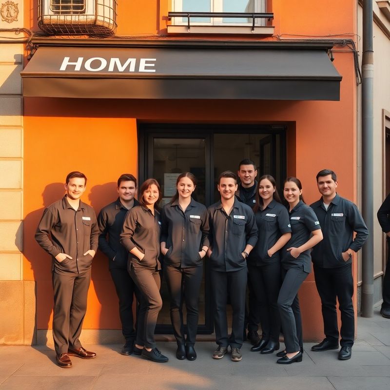 Equipo de ocho profesionales de servicios del hogar frente a un local en una calle de Bilbao